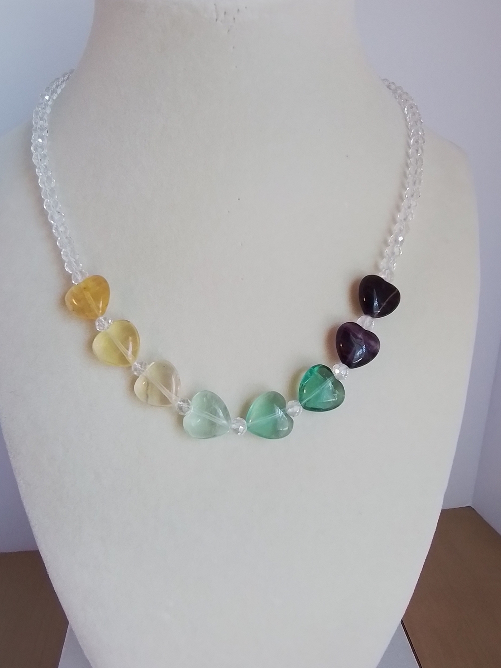 Multicolor Flourite Heart Bead Necklace - Clear Strand
